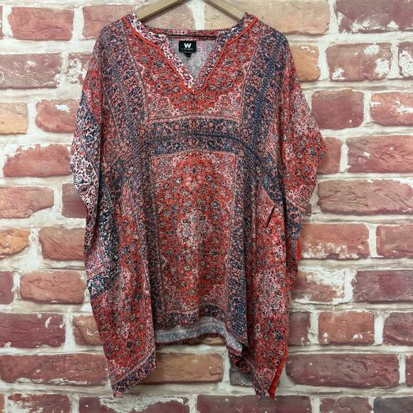 W By Worth Kimono Top Women's Small Red Multicolor Floral Casual Popover Shirt - Picture 1 of 9